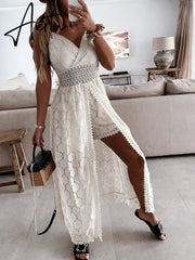Women Spaghetti Straps Long Beach Dress Boho Summer Sleeveless Hollow Out Floral Lace Playsuit Sundress Lady Outfit Aiertu