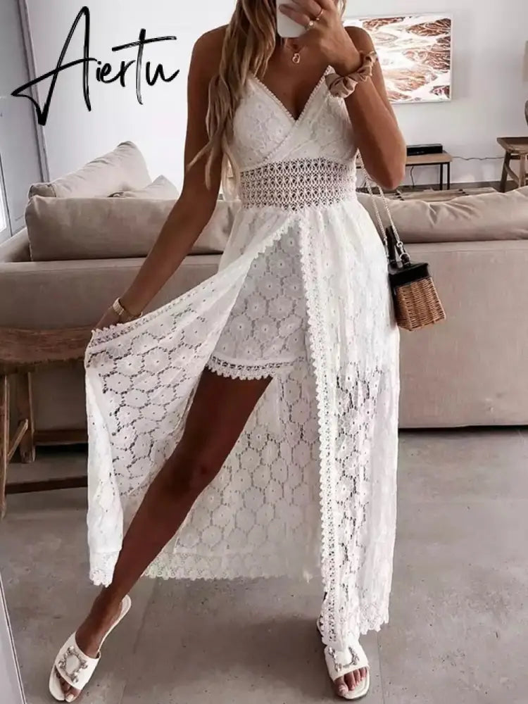 Women Spaghetti Straps Long Beach Dress Boho Summer Sleeveless Hollow Out Floral Lace Playsuit Sundress Lady Outfit Aiertu