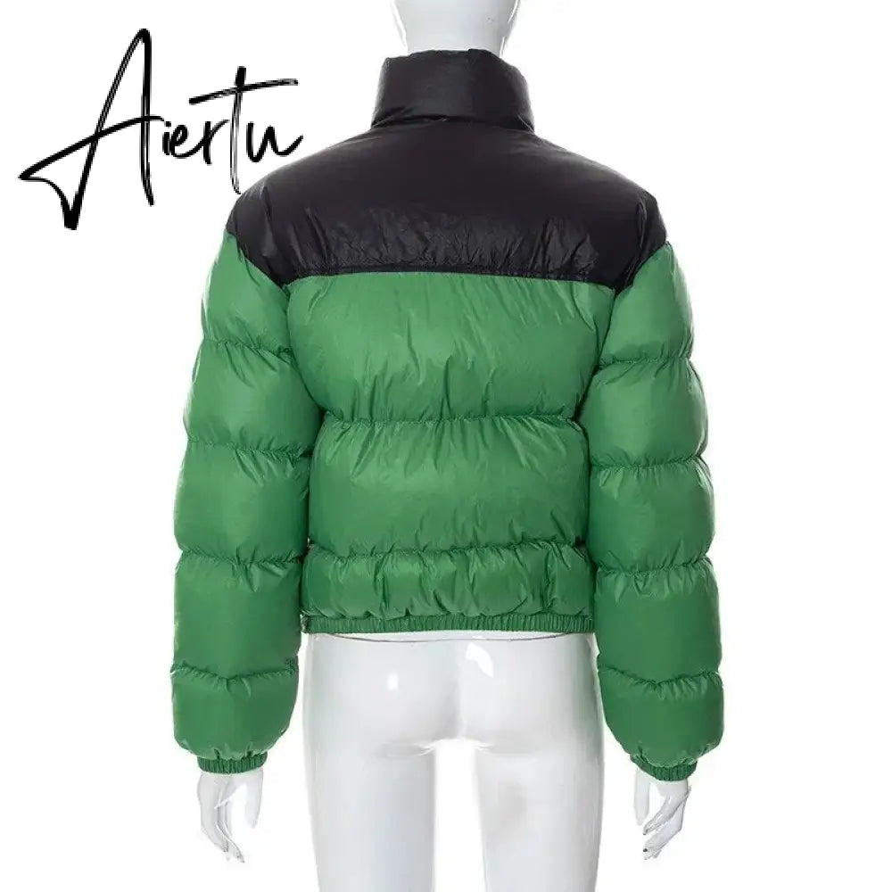 Women Stand Collar Patchwork Parkas Cotton Padded Coats 2023 Autumn Winter Zip-up Pockets Warm Varsity Jackets Red Streetwear Aiertu