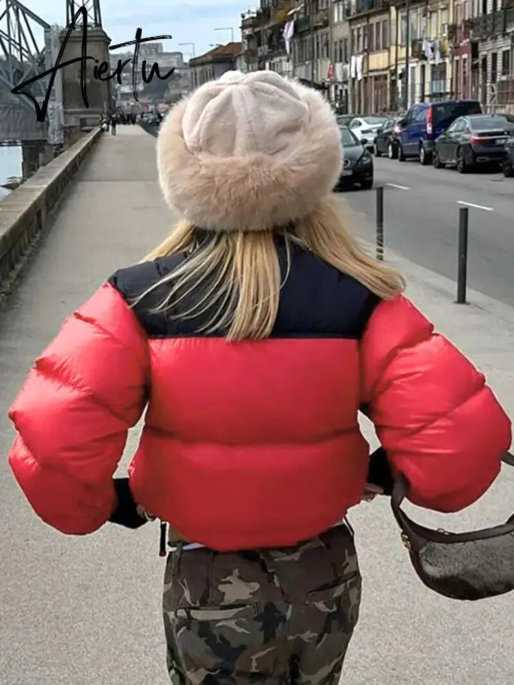 Women Stand Collar Patchwork Parkas Cotton Padded Coats 2023 Autumn Winter Zip-up Pockets Warm Varsity Jackets Red Streetwear Aiertu