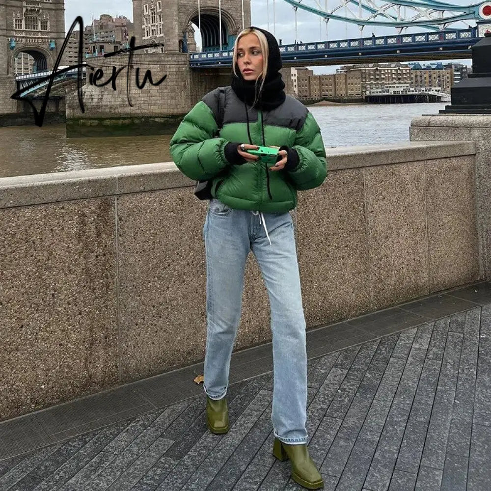Women Stand Collar Patchwork Parkas Cotton Padded Coats 2023 Autumn Winter Zip-up Pockets Warm Varsity Jackets Red Streetwear Aiertu