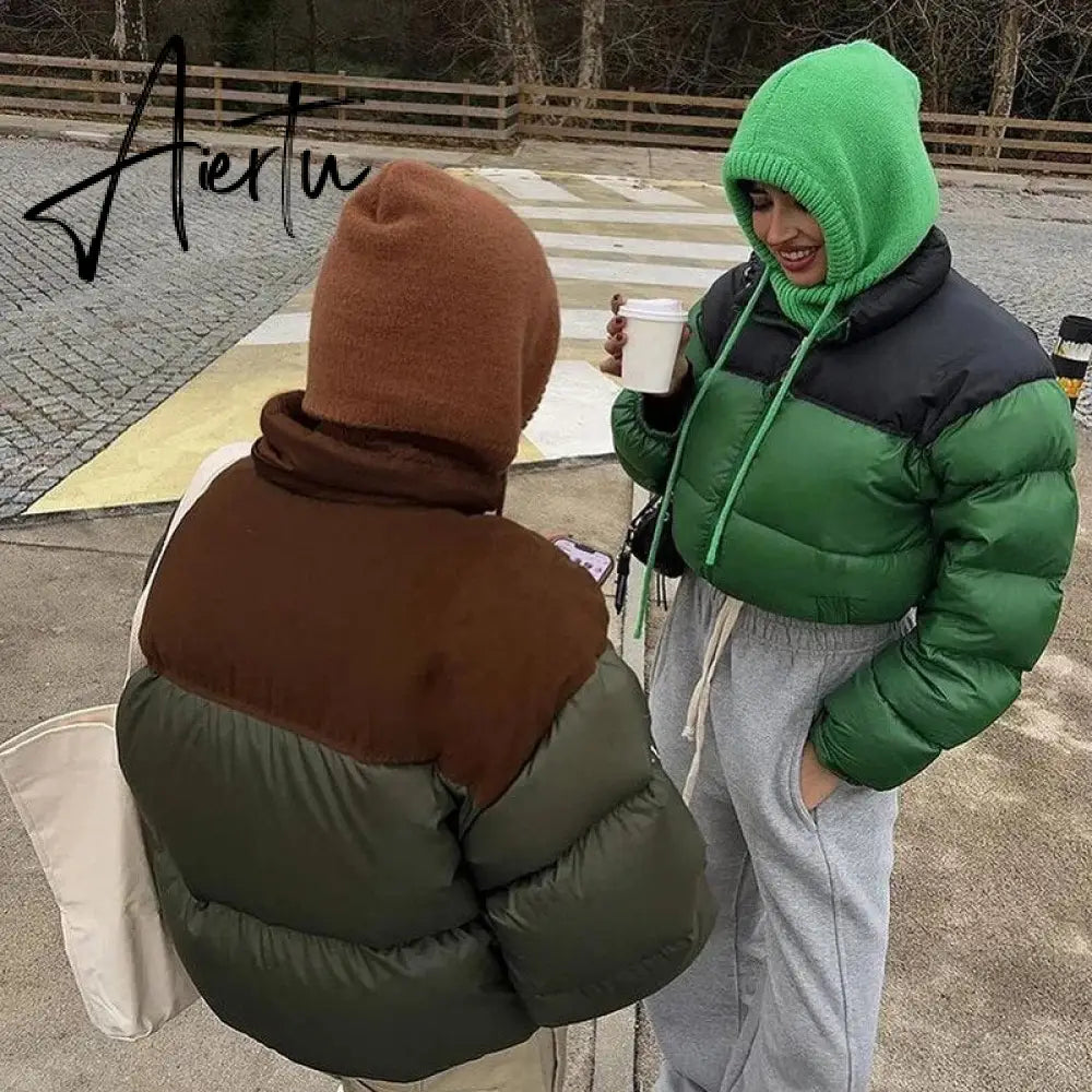 Women Stand Collar Patchwork Parkas Cotton Padded Coats 2023 Autumn Winter Zip-up Pockets Warm Varsity Jackets Red Streetwear Aiertu