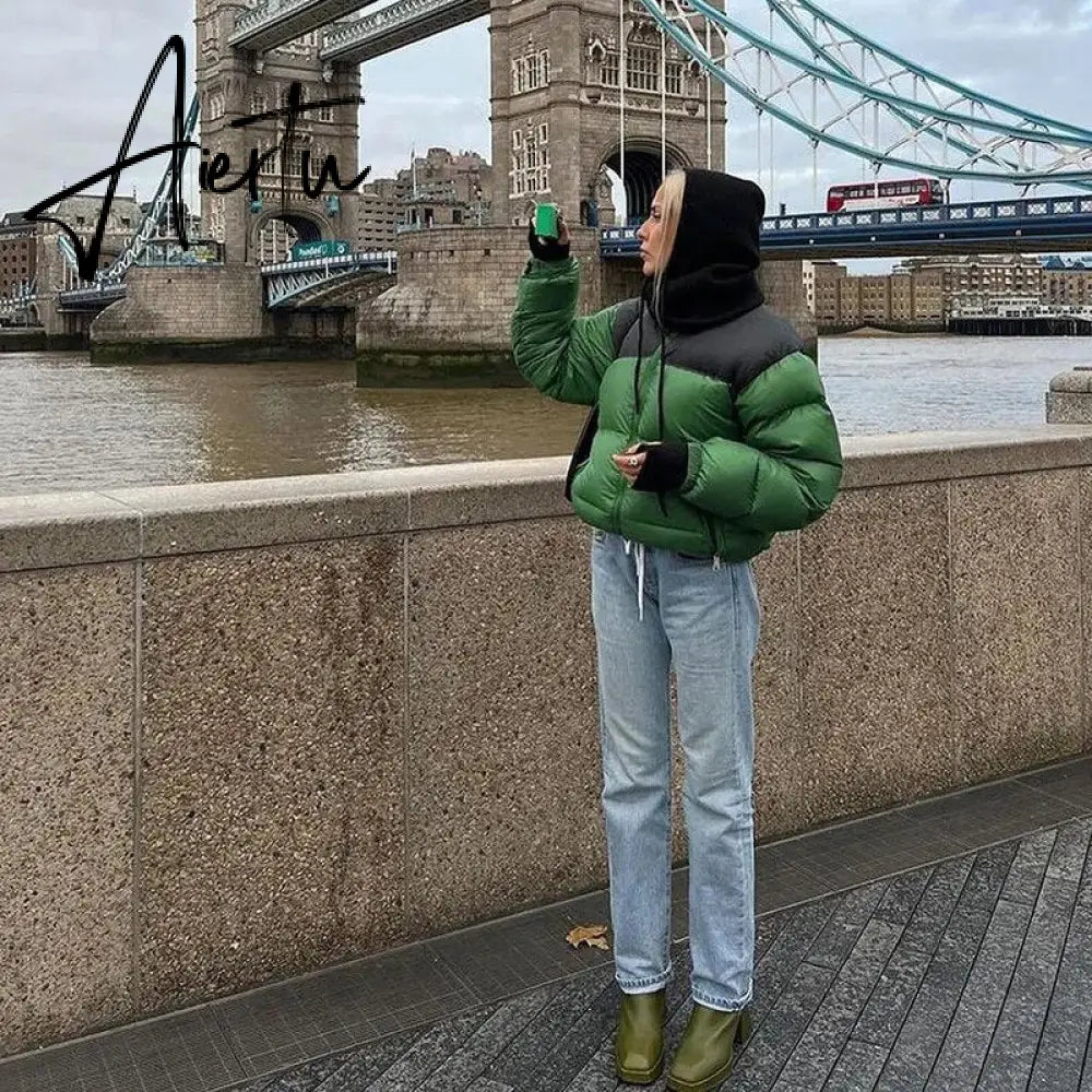 Women Stand Collar Patchwork Parkas Cotton Padded Coats 2023 Autumn Winter Zip-up Pockets Warm Varsity Jackets Red Streetwear Aiertu