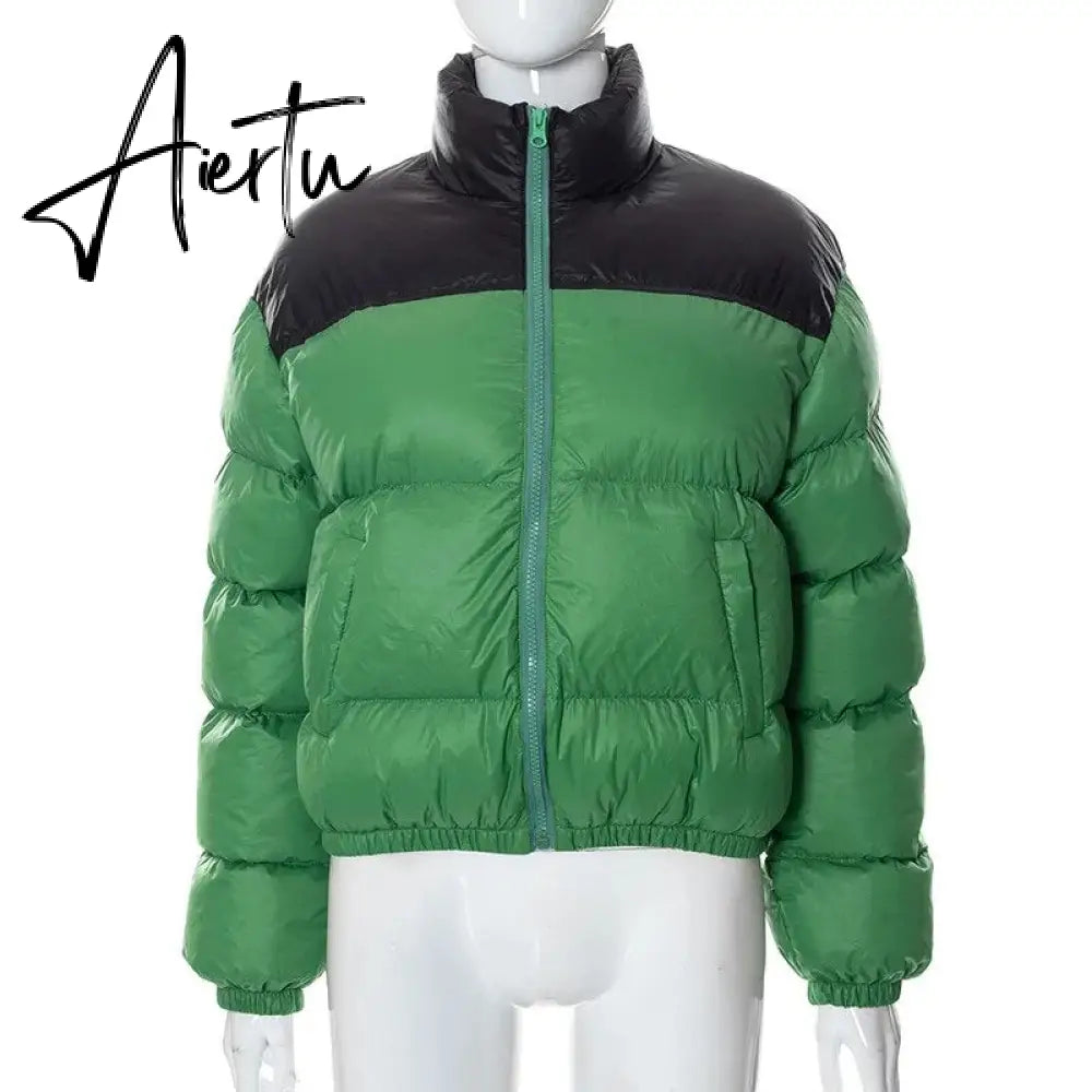 Women Stand Collar Patchwork Parkas Cotton Padded Coats 2023 Autumn Winter Zip-up Pockets Warm Varsity Jackets Red Streetwear Aiertu