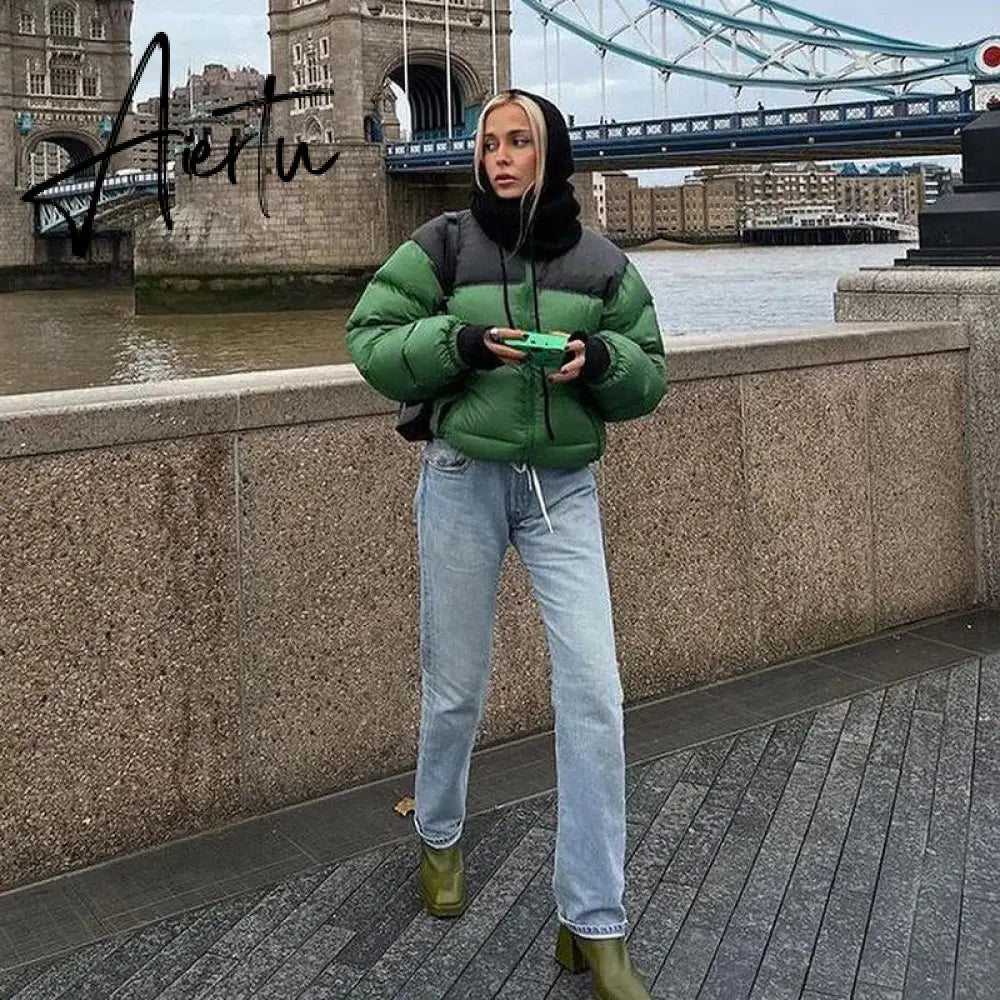 Women Stand Collar Patchwork Parkas Cotton Padded Coats 2023 Autumn Winter Zip-up Pockets Warm Varsity Jackets Red Streetwear Aiertu