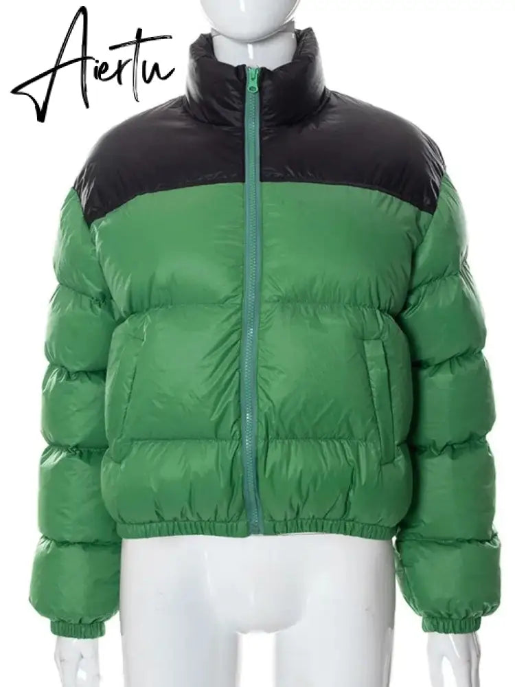 Women Stand Collar Patchwork Parkas Cotton Padded Coats 2023 Autumn Winter Zip-up Pockets Warm Varsity Jackets Red Streetwear Aiertu
