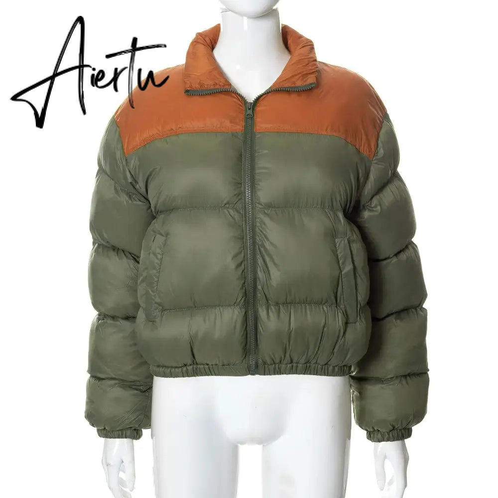 Women Stand Collar Patchwork Parkas Cotton Padded Coats 2023 Autumn Winter Zip-up Pockets Warm Varsity Jackets Red Streetwear Aiertu