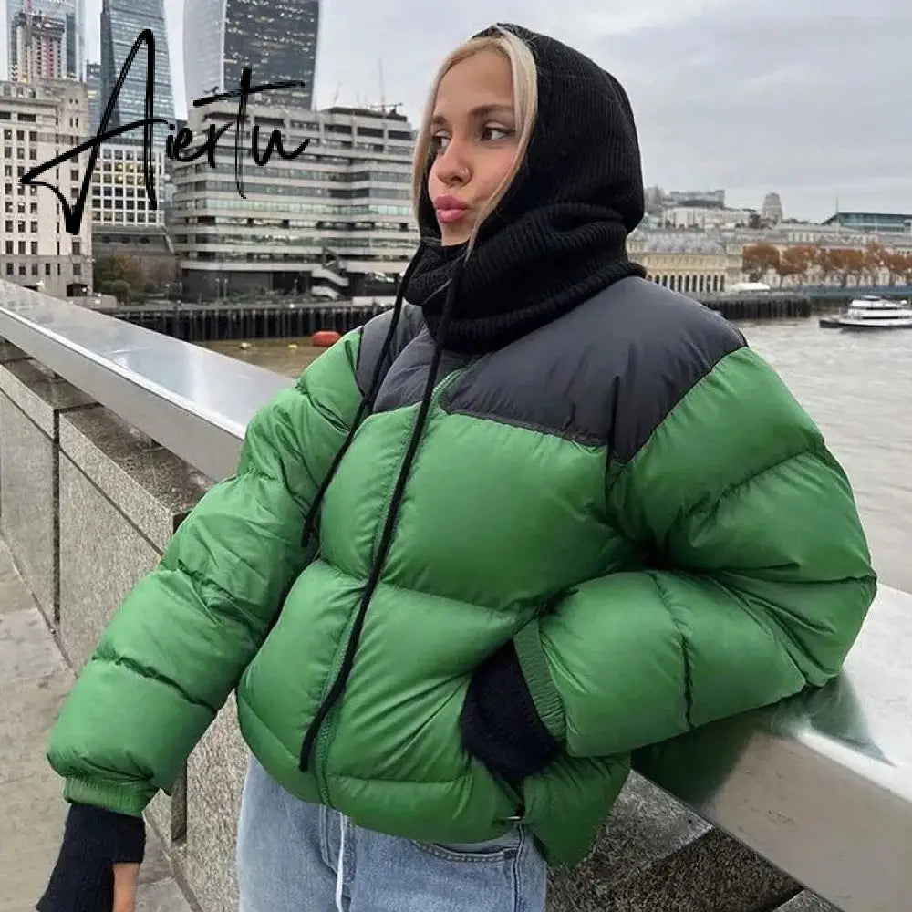 Women Stand Collar Patchwork Parkas Cotton Padded Coats 2023 Autumn Winter Zip-up Pockets Warm Varsity Jackets Red Streetwear Aiertu