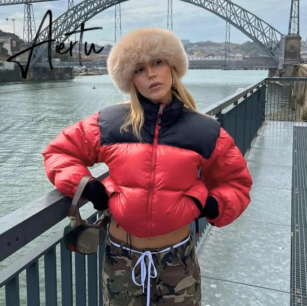 Women Stand Collar Patchwork Parkas Cotton Padded Coats 2023 Autumn Winter Zip-up Pockets Warm Varsity Jackets Red Streetwear Aiertu