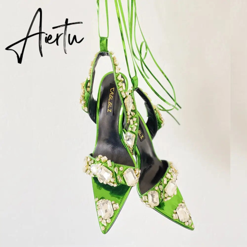 Women Stiletto Wedding Shoe Ball Party Lace Up Ankle Strap Summer Fashion Female Footwear Pointed Toe Rhinestone Catwalk Sandal Aiertu