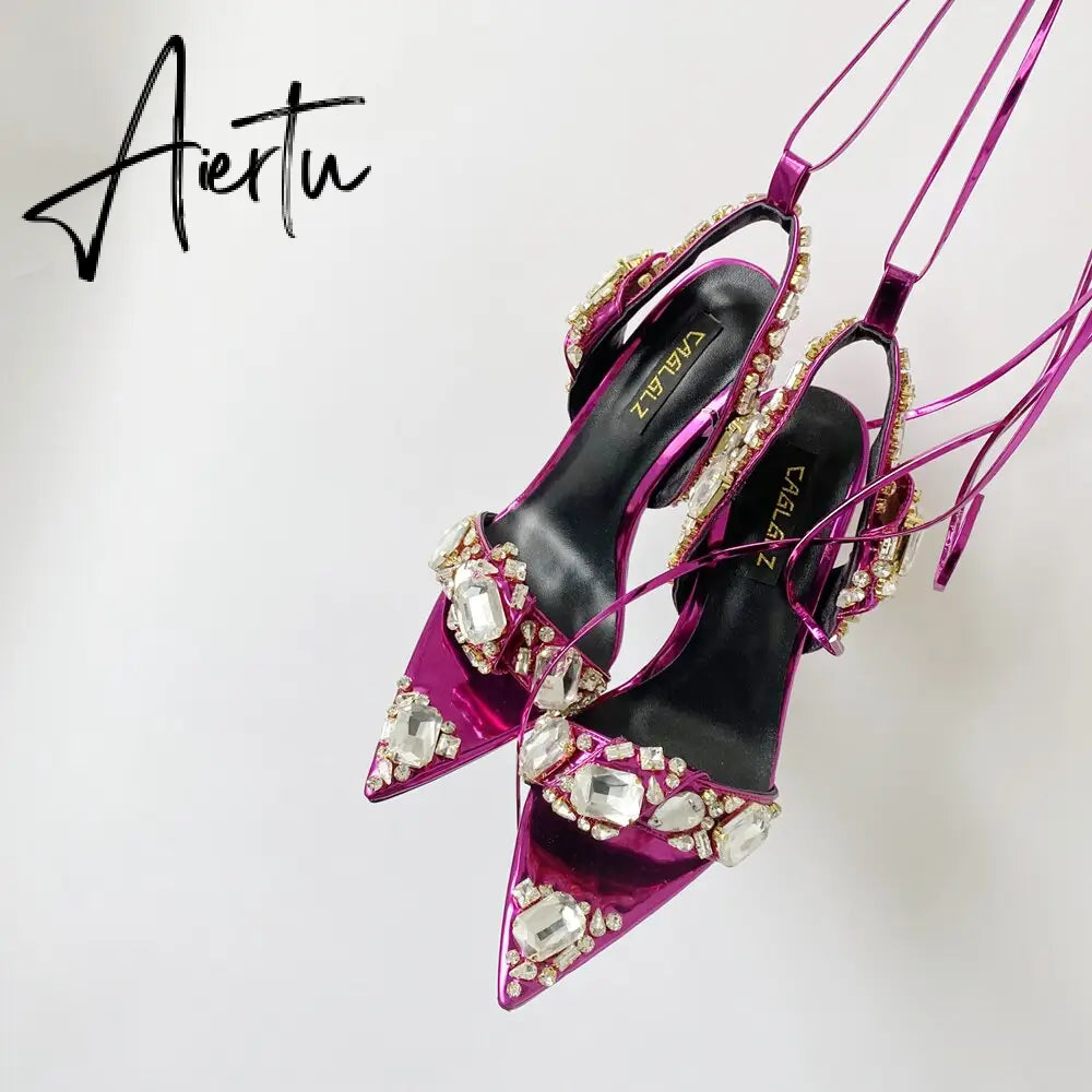 Women Stiletto Wedding Shoe Ball Party Lace Up Ankle Strap Summer Fashion Female Footwear Pointed Toe Rhinestone Catwalk Sandal Aiertu