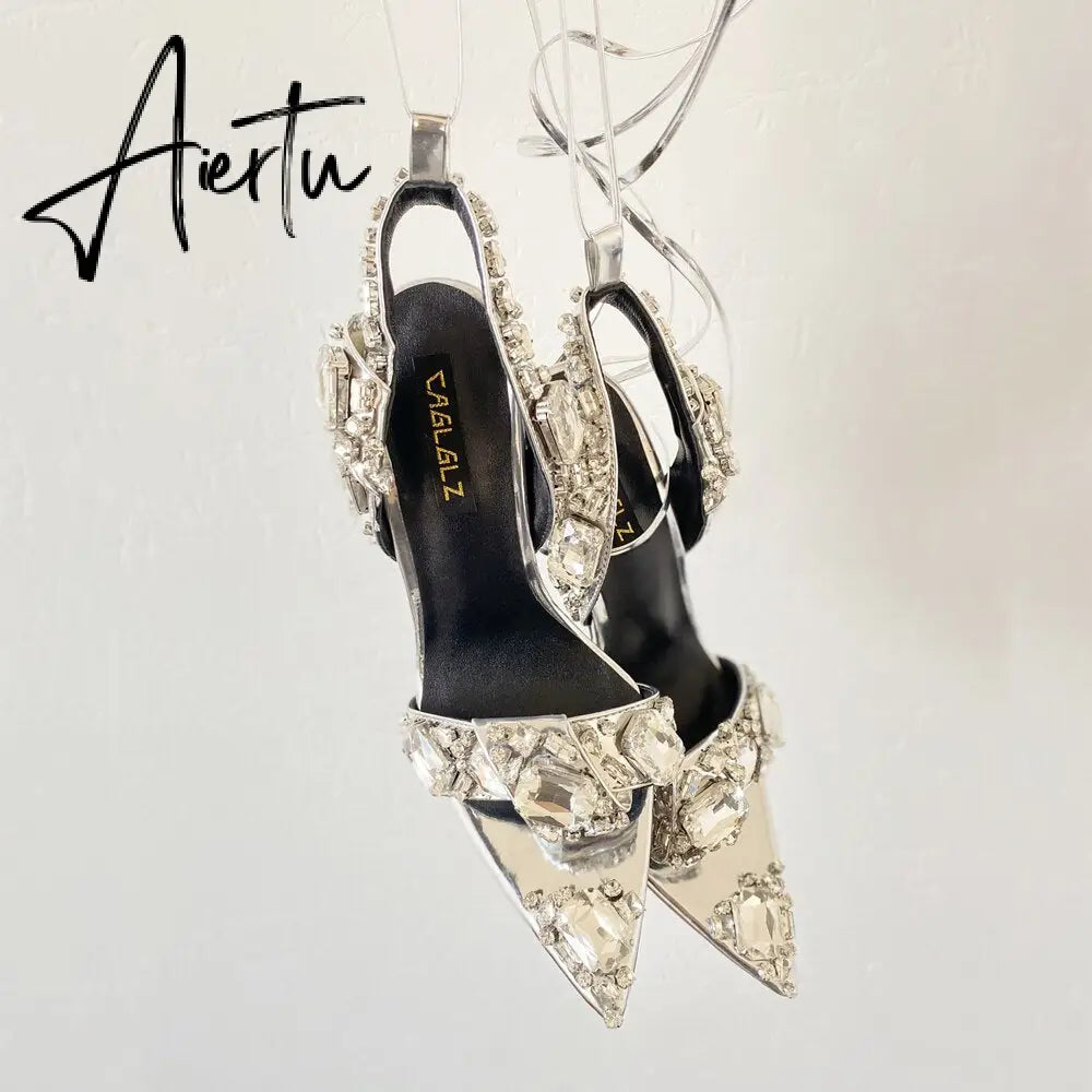 Women Stiletto Wedding Shoe Ball Party Lace Up Ankle Strap Summer Fashion Female Footwear Pointed Toe Rhinestone Catwalk Sandal Aiertu