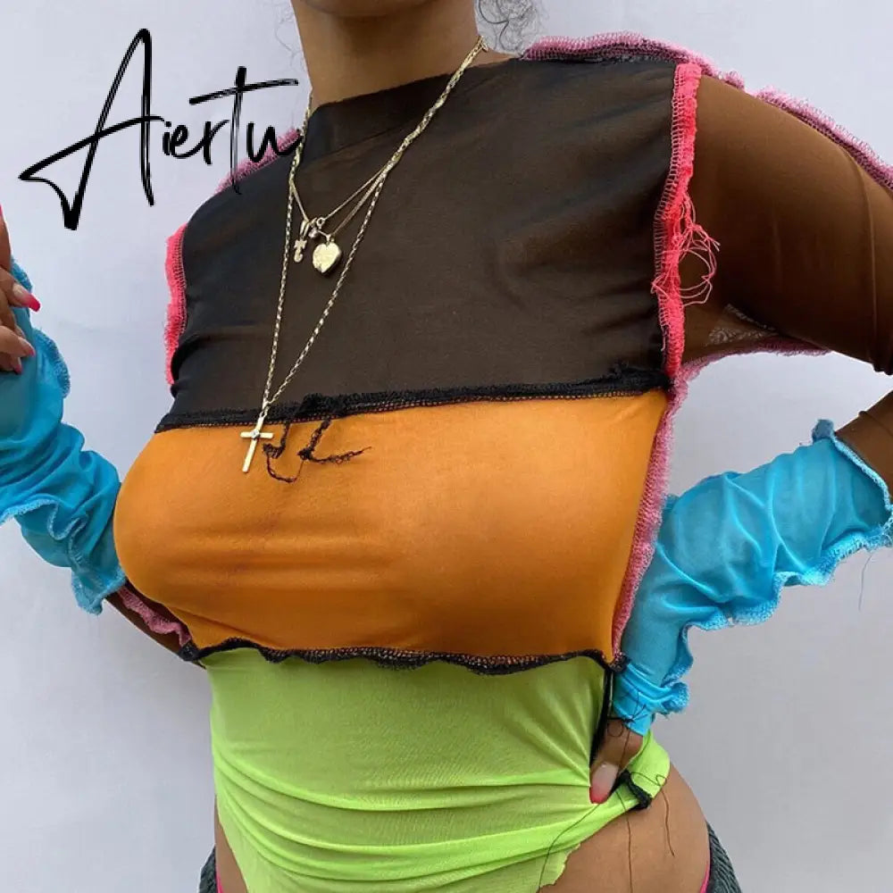 Women striped patchwork ribbons femme t-shirts Autumn o-neck long sleeve neon color casual streetwear fashion outfit Aiertu
