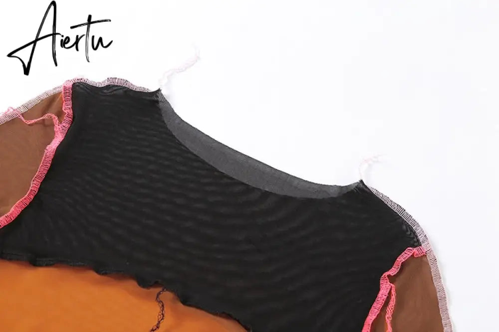 Women striped patchwork ribbons femme t-shirts Autumn o-neck long sleeve neon color casual streetwear fashion outfit Aiertu