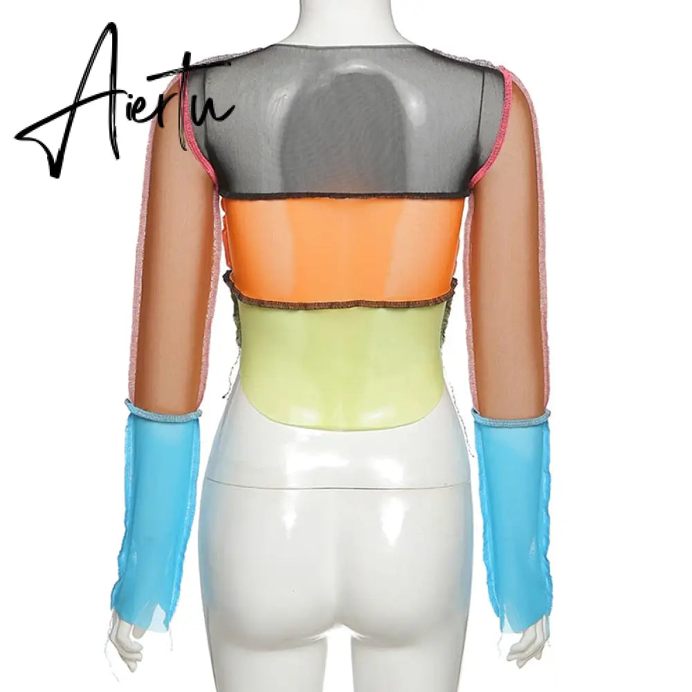Women striped patchwork ribbons femme t-shirts Autumn o-neck long sleeve neon color casual streetwear fashion outfit Aiertu