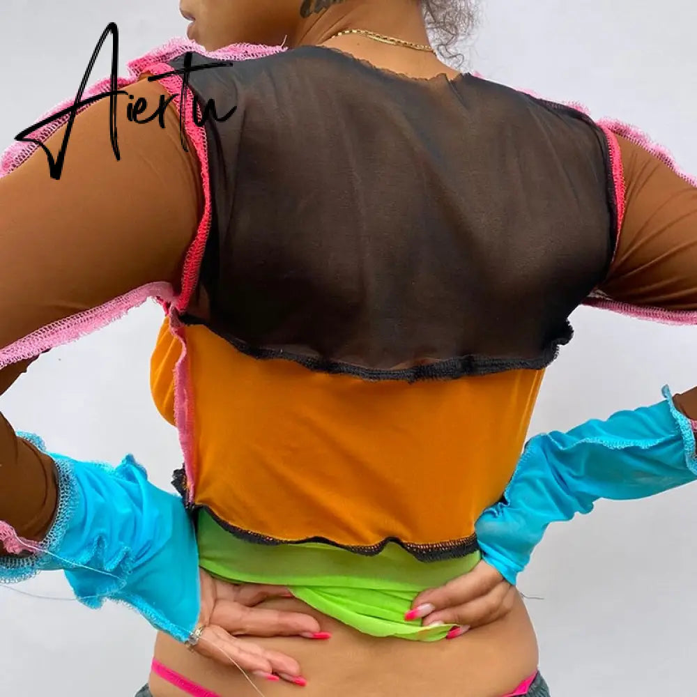Women striped patchwork ribbons femme t-shirts Autumn o-neck long sleeve neon color casual streetwear fashion outfit Aiertu