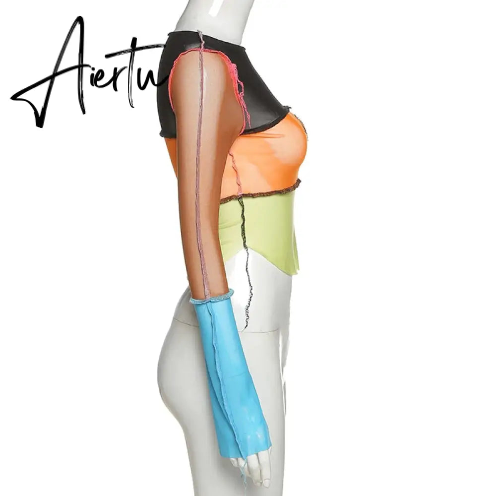 Women striped patchwork ribbons femme t-shirts Autumn o-neck long sleeve neon color casual streetwear fashion outfit Aiertu