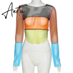 Women striped patchwork ribbons femme t-shirts Autumn o-neck long sleeve neon color casual streetwear fashion outfit Aiertu