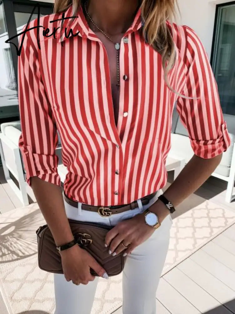Women Striped Print Slim Blouse Autumn Long Sleeve Turn Down Collar Office Shirts Blouses Plus Size Top Blusas Femininas Aiertu
