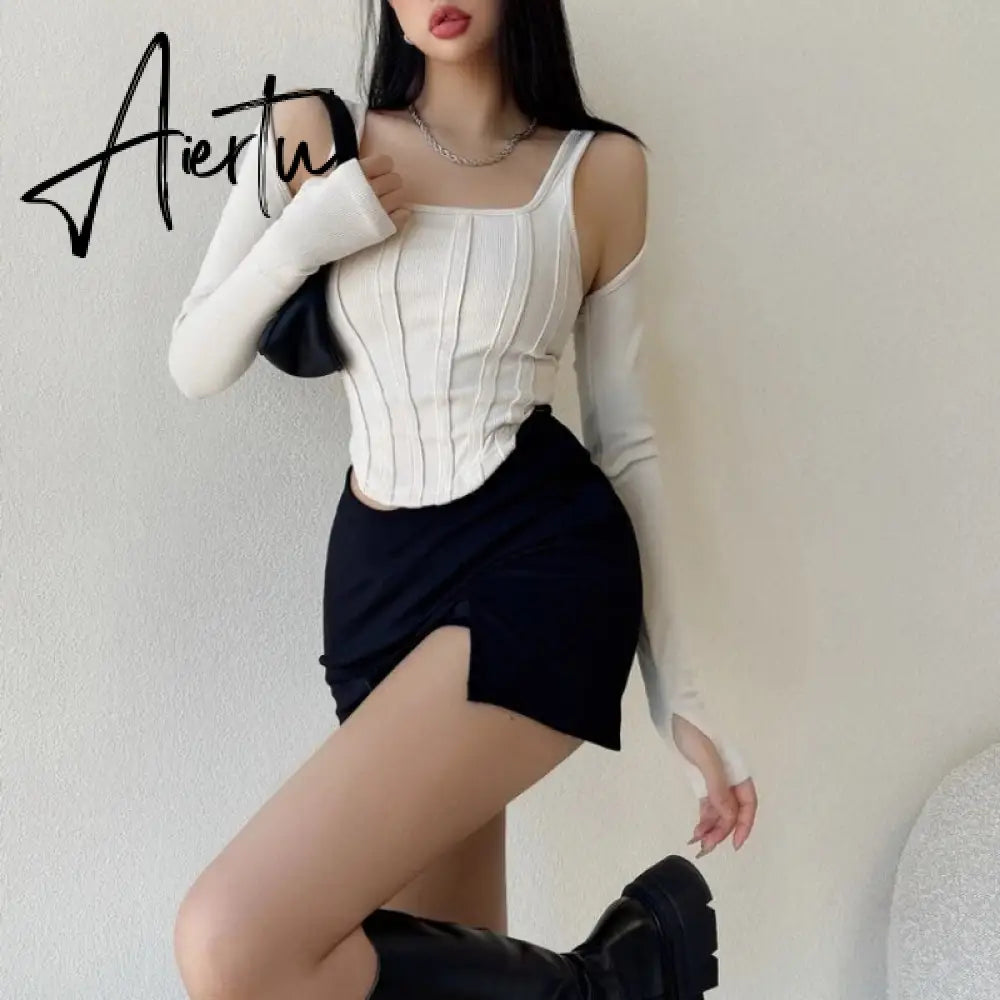 Women Striped Stitching Slim T-shirt Female 2 In 1 Shrug Set Co-ord Crop Shrug And Corset Tank Tops Set Y2k Streetwear New Aiertu