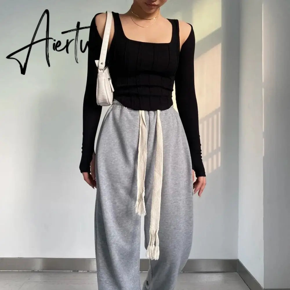 Women Striped Stitching Slim T-shirt Female 2 In 1 Shrug Set Co-ord Crop Shrug And Corset Tank Tops Set Y2k Streetwear New Aiertu