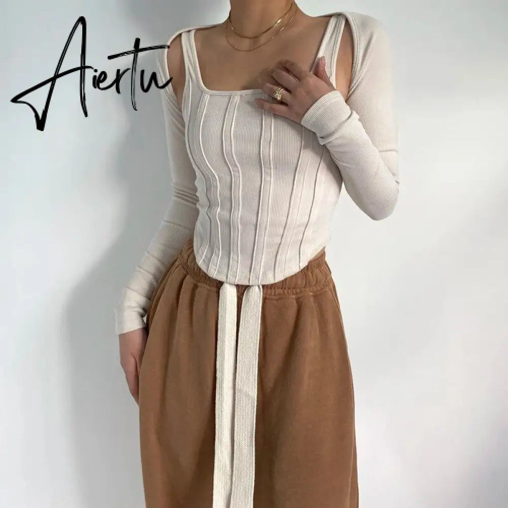 Women Striped Stitching Slim T-shirt Female 2 In 1 Shrug Set Co-ord Crop Shrug And Corset Tank Tops Set Y2k Streetwear New Aiertu