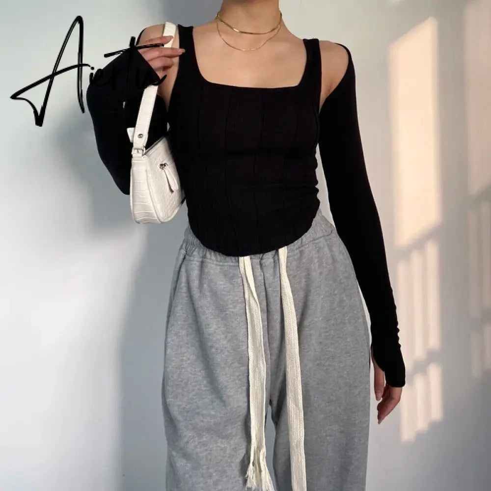 Women Striped Stitching Slim T-shirt Female 2 In 1 Shrug Set Co-ord Crop Shrug And Corset Tank Tops Set Y2k Streetwear New Aiertu