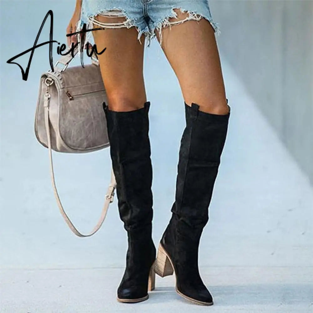 Women Suede Knee High Boots Ladies Solid Pointed Toe Tall Boots Retro Roman High Heels Shoes Female Autumn Winter Long Boot Aiertu