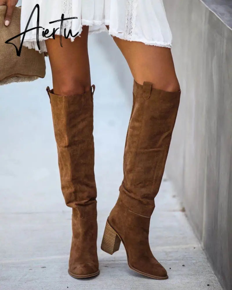 Women Suede Knee High Boots Ladies Solid Pointed Toe Tall Boots Retro Roman High Heels Shoes Female Autumn Winter Long Boot Aiertu