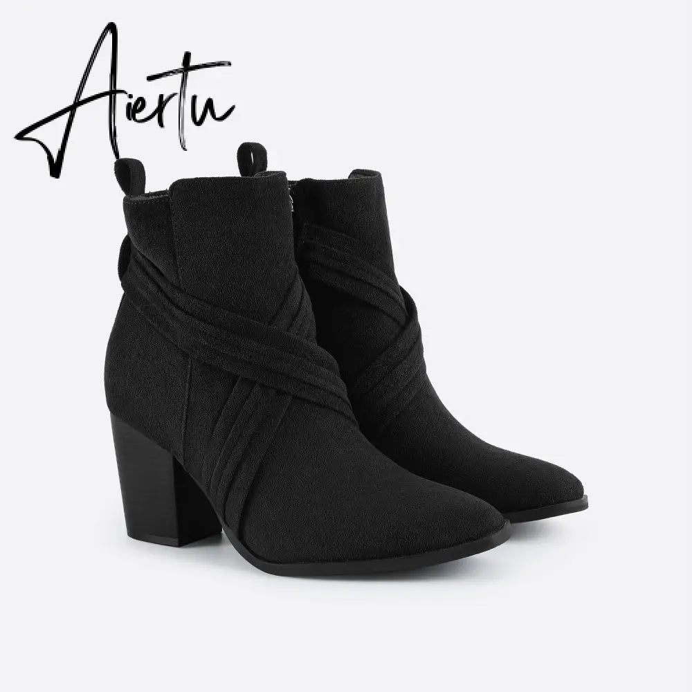 Women Suede Thick Heeled Side Zipper Boots mysite