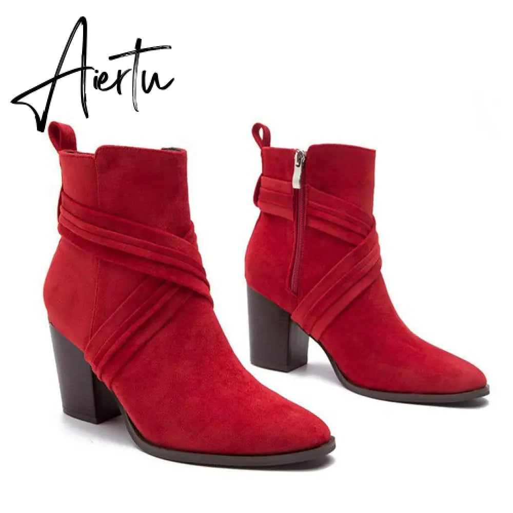 Women Suede Thick Heeled Side Zipper Boots mysite