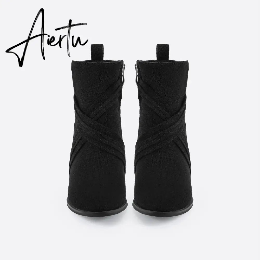 Women Suede Thick Heeled Side Zipper Boots mysite
