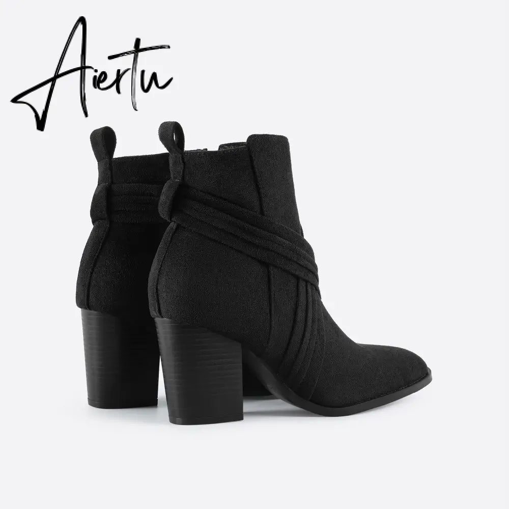 Women Suede Thick Heeled Side Zipper Boots mysite