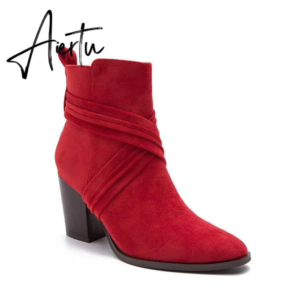 Women Suede Thick Heeled Side Zipper Boots mysite