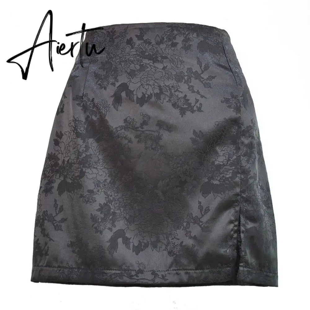 Women Summer Elegant Jacquard Satin Skirt Sexy High Waist Mini Skirt Vintage Zipper Pencil skirt with side Slit Y2K 2000s 90s Aiertu