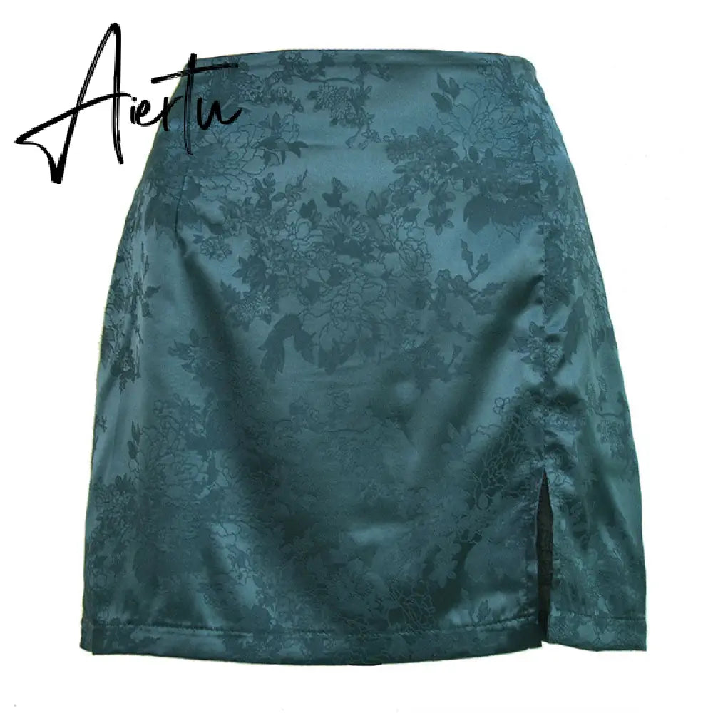 Women Summer Elegant Jacquard Satin Skirt Sexy High Waist Mini Skirt Vintage Zipper Pencil skirt with side Slit Y2K 2000s 90s Aiertu