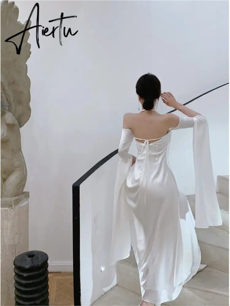 Women Summer Elegant Satin Silky Off Shoulder Slim White Cocktail Dress Lady Party Maxi Dress vestidos de fiesta para bodas Aiertu