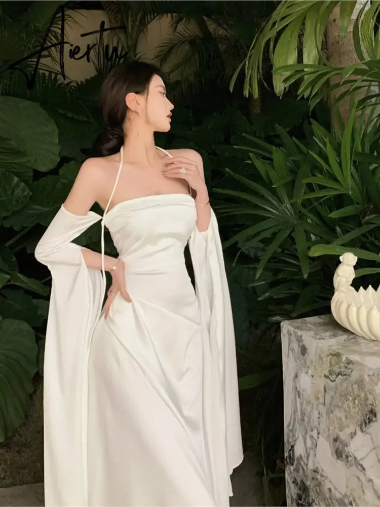 Women Summer Elegant Satin Silky Off Shoulder Slim White Cocktail Dress Lady Party Maxi Dress vestidos de fiesta para bodas Aiertu