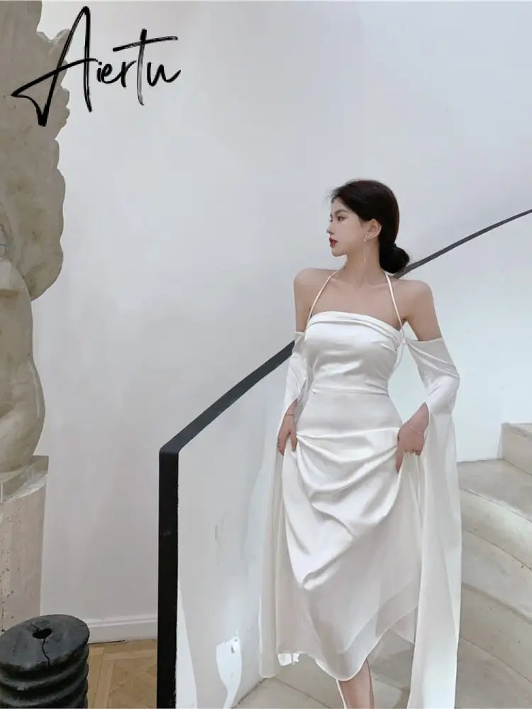 Women Summer Elegant Satin Silky Off Shoulder Slim White Cocktail Dress Lady Party Maxi Dress vestidos de fiesta para bodas Aiertu