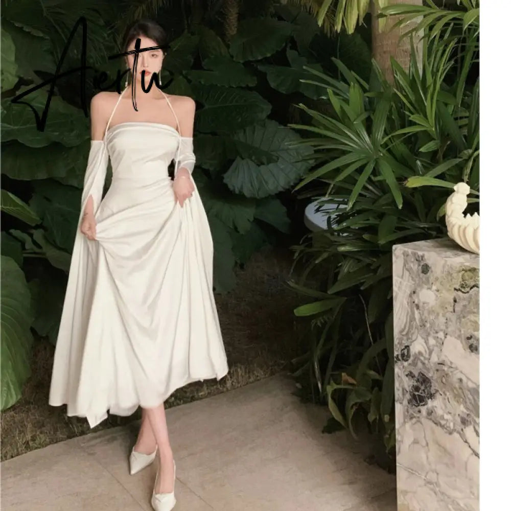 Women Summer Elegant Satin Silky Off Shoulder Slim White Cocktail Dress Lady Party Maxi Dress vestidos de fiesta para bodas Aiertu