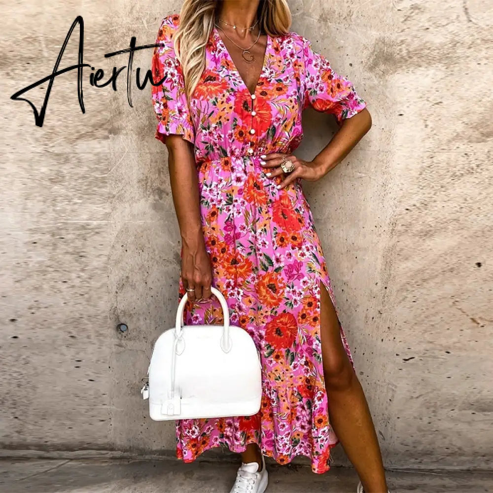Women Summer Floral Print Slit Skirt Sexy Button V Neck Short Sleeve Long Dresses Female Casual Elegant Party Dress Vestidos Aiertu