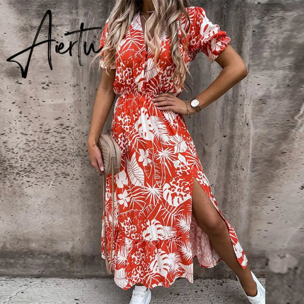 Women Summer Floral Print Slit Skirt Sexy Button V Neck Short Sleeve Long Dresses Female Casual Elegant Party Dress Vestidos Aiertu