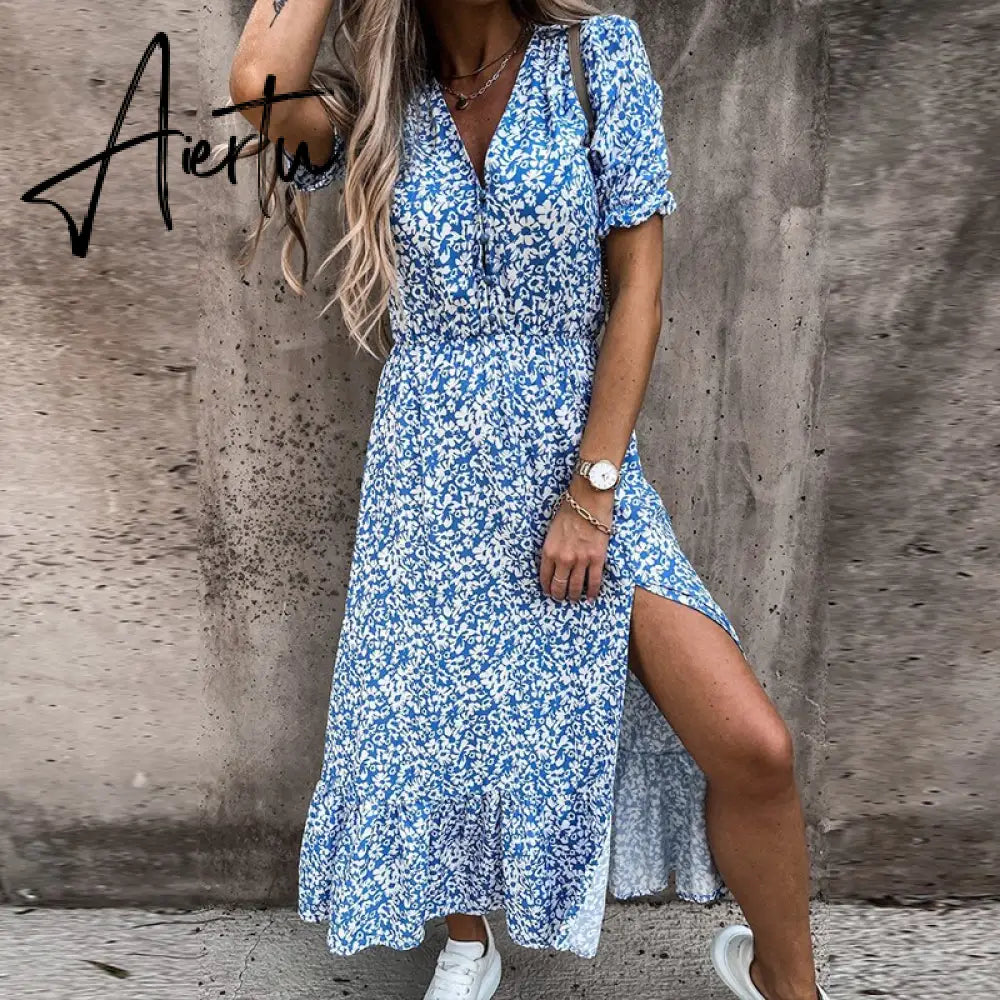 Women Summer Floral Print Slit Skirt Sexy Button V Neck Short Sleeve Long Dresses Female Casual Elegant Party Dress Vestidos Aiertu
