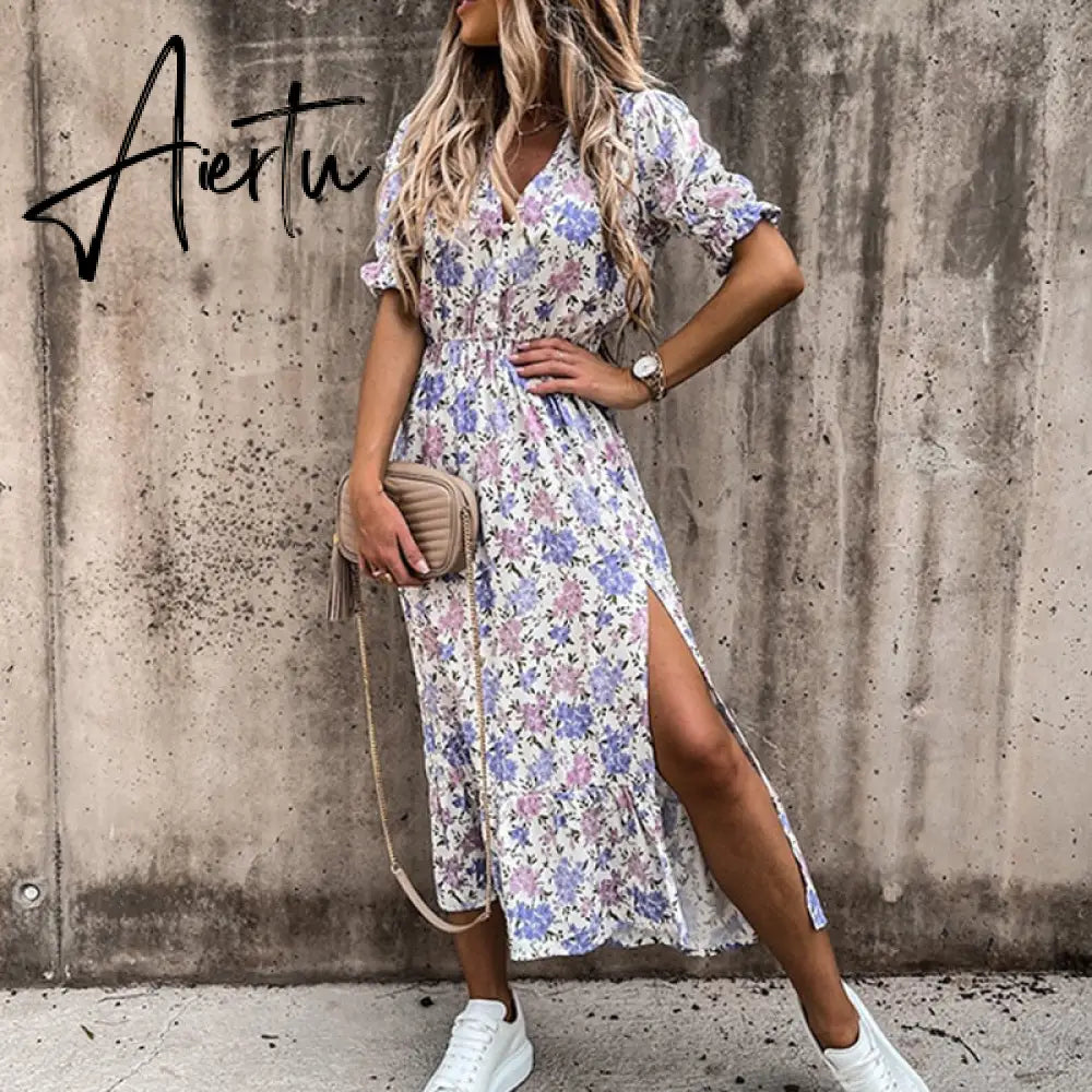Women Summer Floral Print Slit Skirt Sexy Button V Neck Short Sleeve Long Dresses Female Casual Elegant Party Dress Vestidos Aiertu