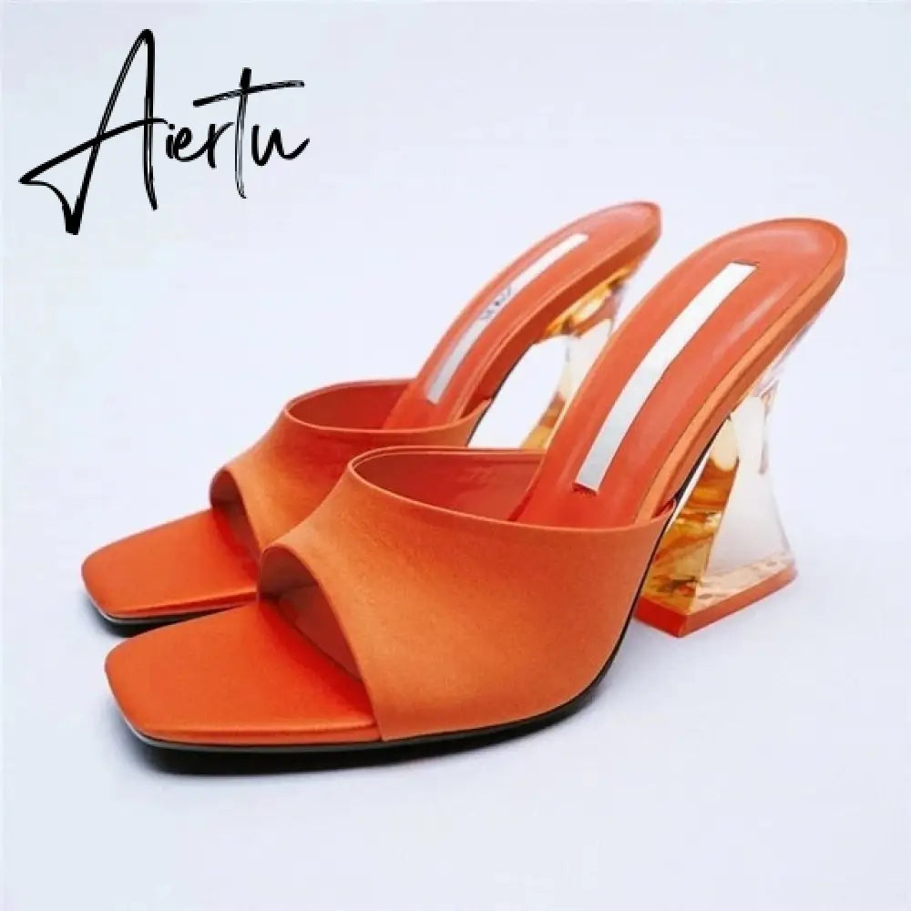 Women Summer Heeled Slippers with Chain  Sexy Rhinestones Slingback Sandals Female Fashion Beach Shoes Aiertu