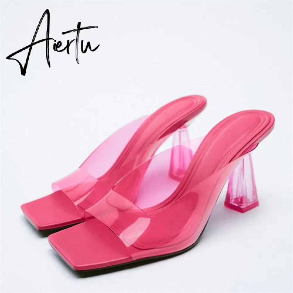 Women Summer Heeled Slippers with Chain  Sexy Rhinestones Slingback Sandals Female Fashion Beach Shoes Aiertu