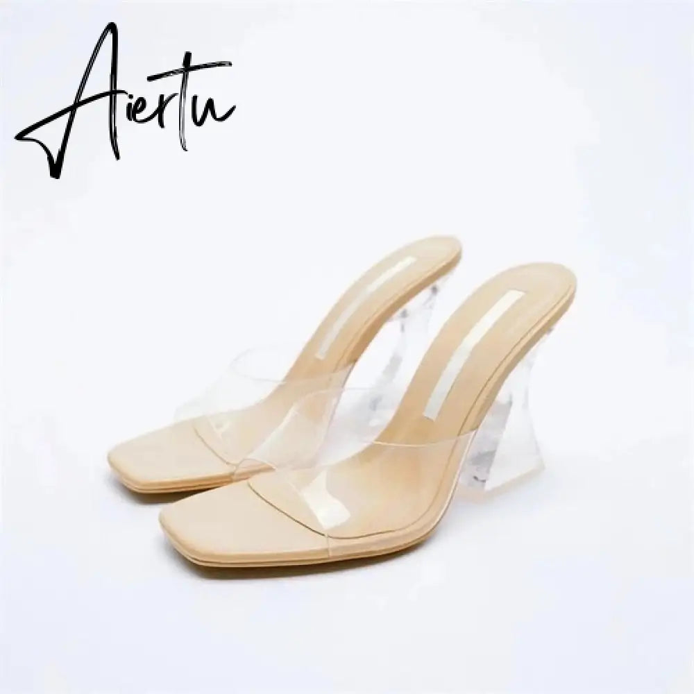 Women Summer Heeled Slippers with Chain  Sexy Rhinestones Slingback Sandals Female Fashion Beach Shoes Aiertu