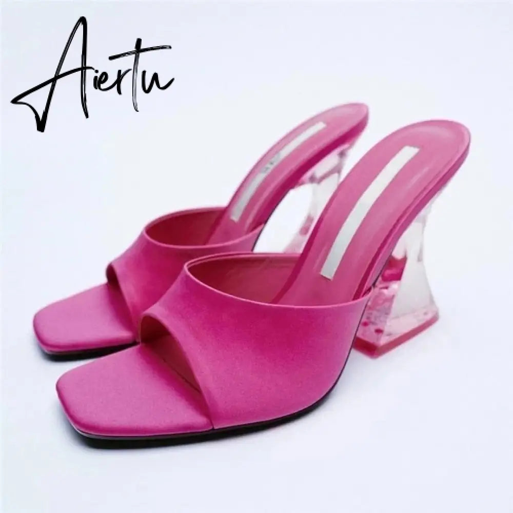 Women Summer Heeled Slippers with Chain  Sexy Rhinestones Slingback Sandals Female Fashion Beach Shoes Aiertu