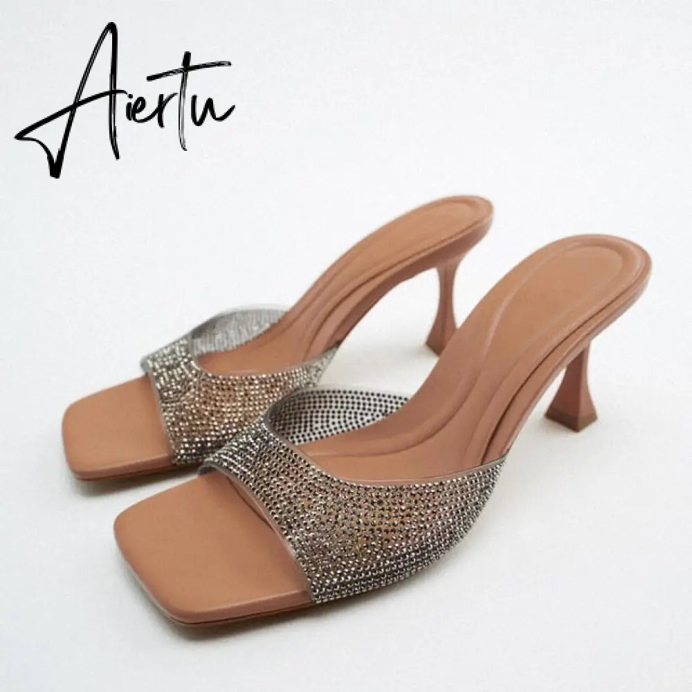 Women Summer Heeled Slippers with Chain  Sexy Rhinestones Slingback Sandals Female Fashion Beach Shoes Aiertu