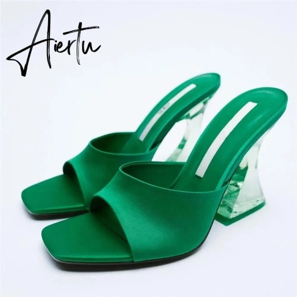 Women Summer Heeled Slippers with Chain  Sexy Rhinestones Slingback Sandals Female Fashion Beach Shoes Aiertu